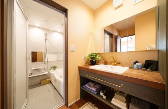 左手にバスルーム、右手に洗面化粧台の配置で、洗面化粧台は、大きな3面鏡、水栓金具とタオル掛けがブラス色、大きめのオーバーボウルタイプで、カウンターが床に合わせたチーク色です。